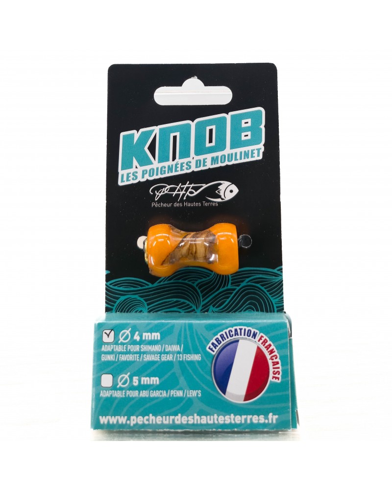 Poignée de moulinet artisanale en bois stabilisé et résine époxy orange - Fabrication Cantal