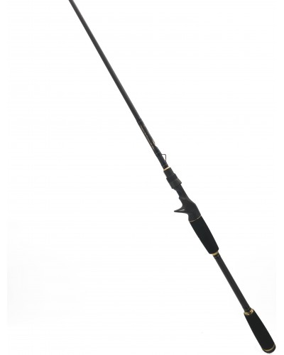 Canne à pêche Sharpshooting artisanale NFC 30-100g posée sur fond neutre, vue d'ensemble de la canne complète de 2m