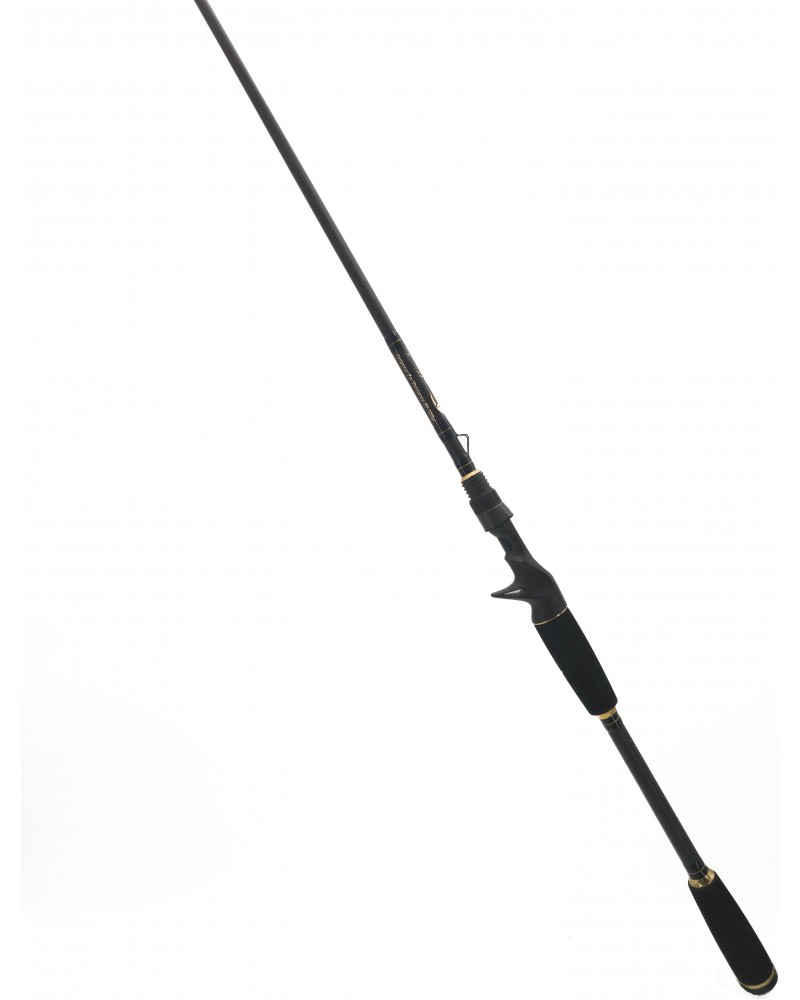 Canne à pêche Sharpshooting artisanale NFC 30-100g posée sur fond neutre, vue d'ensemble de la canne complète de 2m